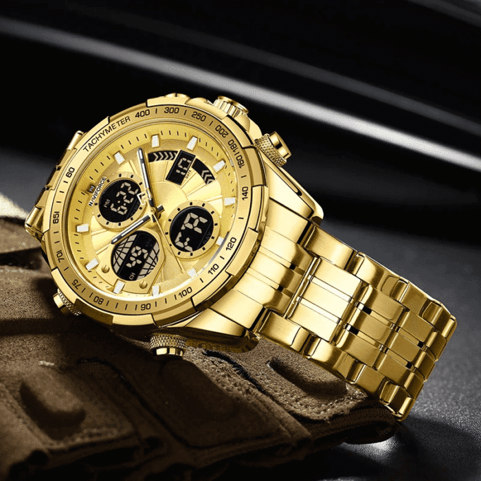 NAVIFORCE 9197 Top Brand Luxury Stainless Steel Blue Casual Men Watch Digital Male Clock Military Sport Man Wrist Watch- Golden Color - Image 2