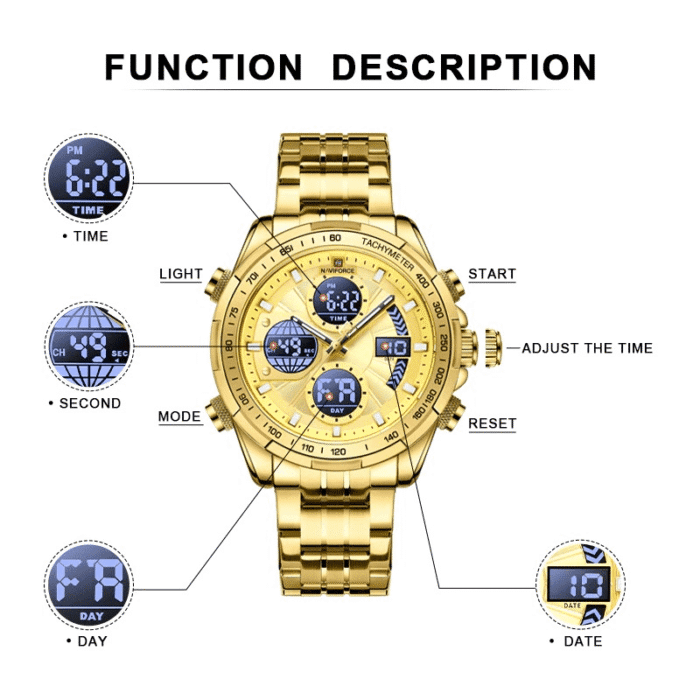 NAVIFORCE 9197 Top Brand Luxury Stainless Steel Blue Casual Men Watch Digital Male Clock Military Sport Man Wrist Watch- Golden Color - Image 4